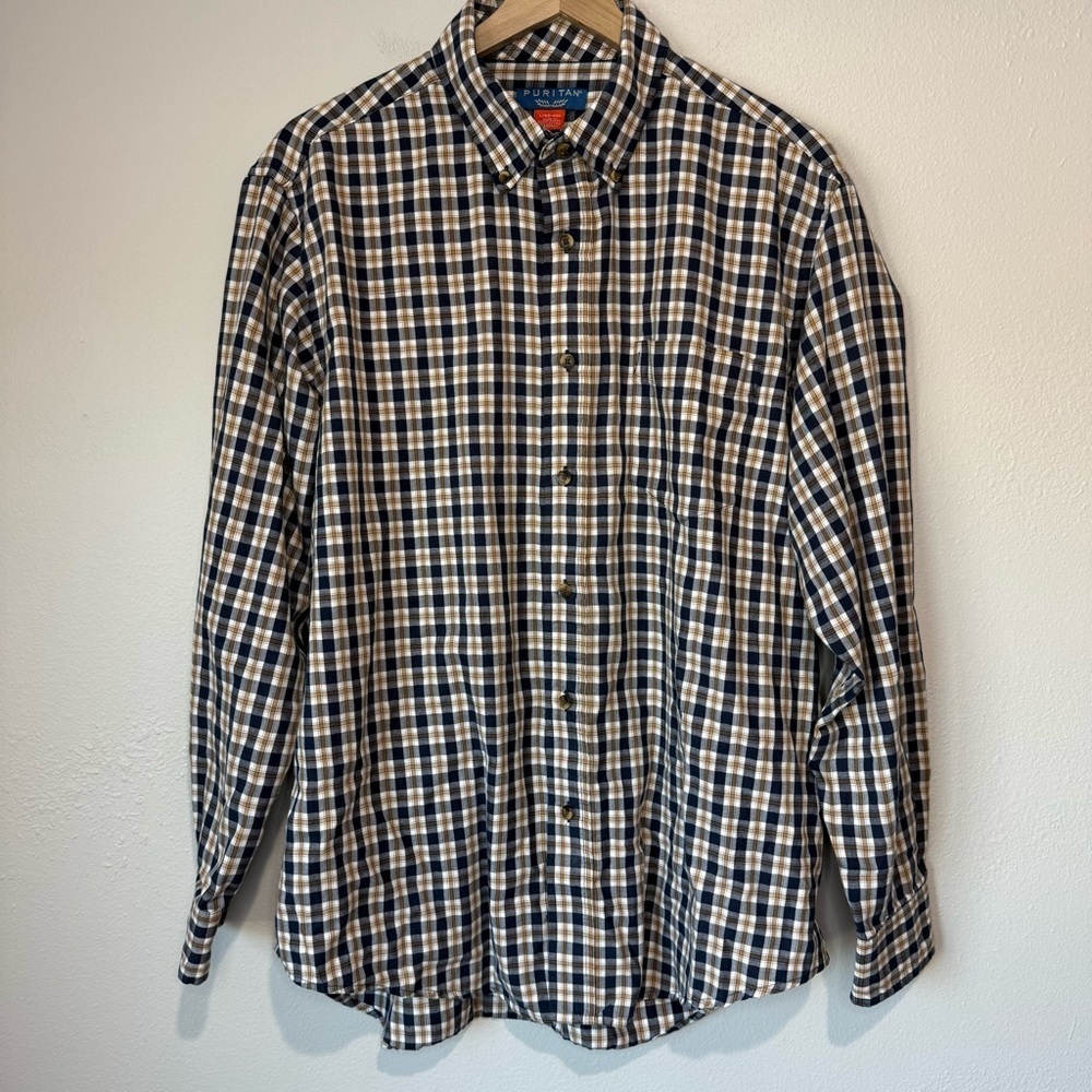 Puritan Men’s Plaid Button Down Shirt Size Large Blue Brown Cotton Blend